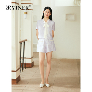 YINER音儿专选2025夏季 新款 亚麻法式 透气淡紫色高腰小A字短裤