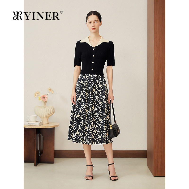 YINER音儿专选女装秋季法式减龄感撞色翻领假两件印花连衣裙