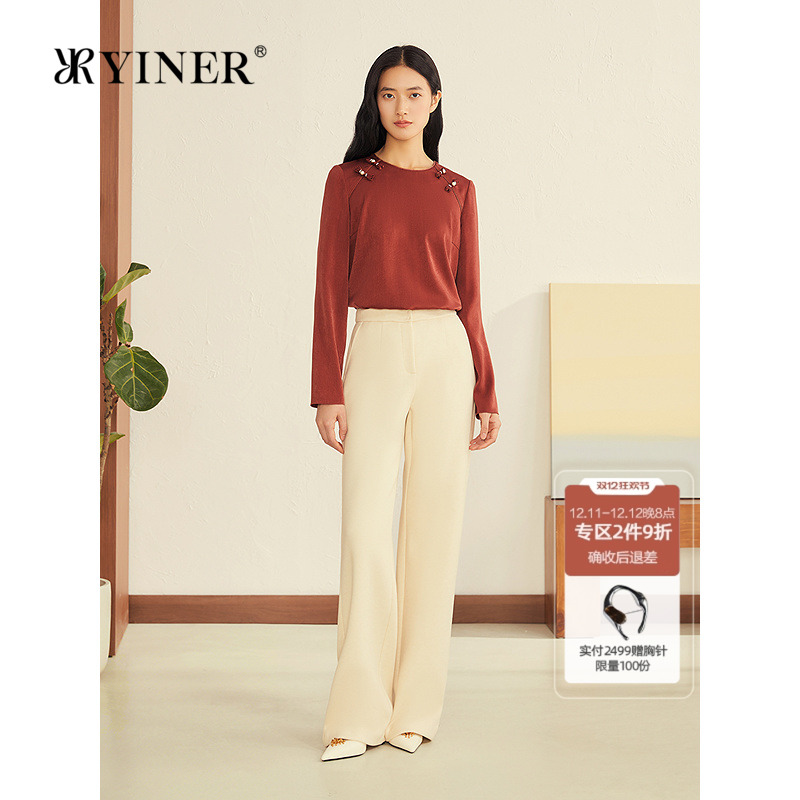 YINER音儿2025冬季新款法式仿羊毛复合奥利绒坑条肌理直筒休闲裤
