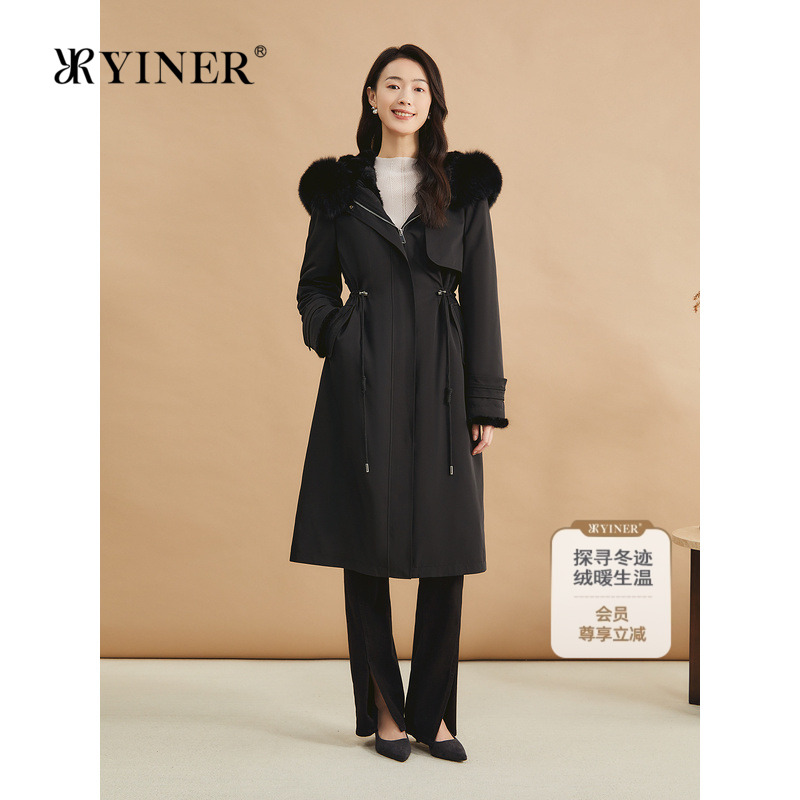 YINER音儿专选女装冬季优雅中长款狐狸毛领连帽水貂毛派克服皮草