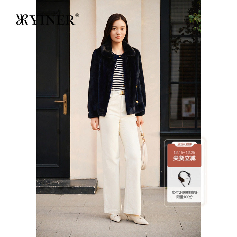 YINER音儿专选2025春季新款法式千金奢感短款翻领水貂毛皮草