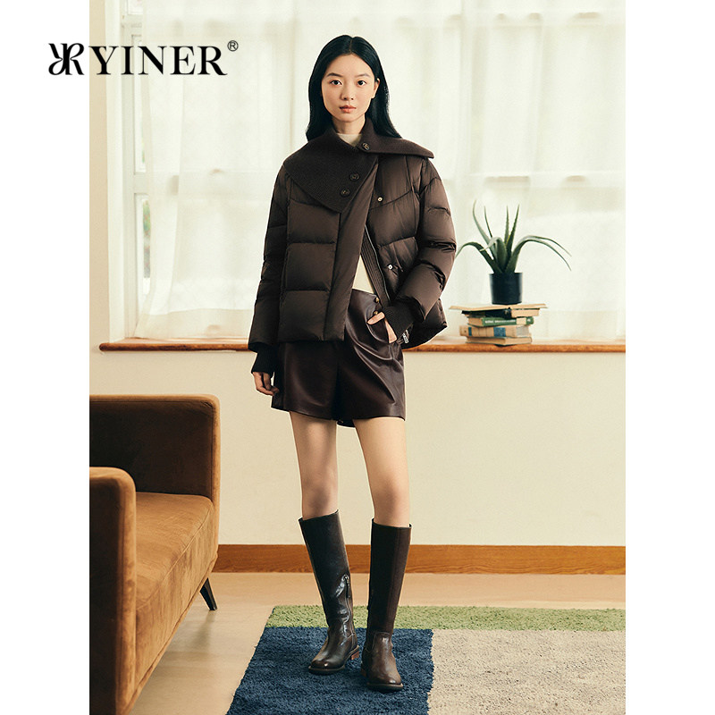YINER音儿专选女装冬季法式羊毛针织围脖领拼接茧型羽绒服