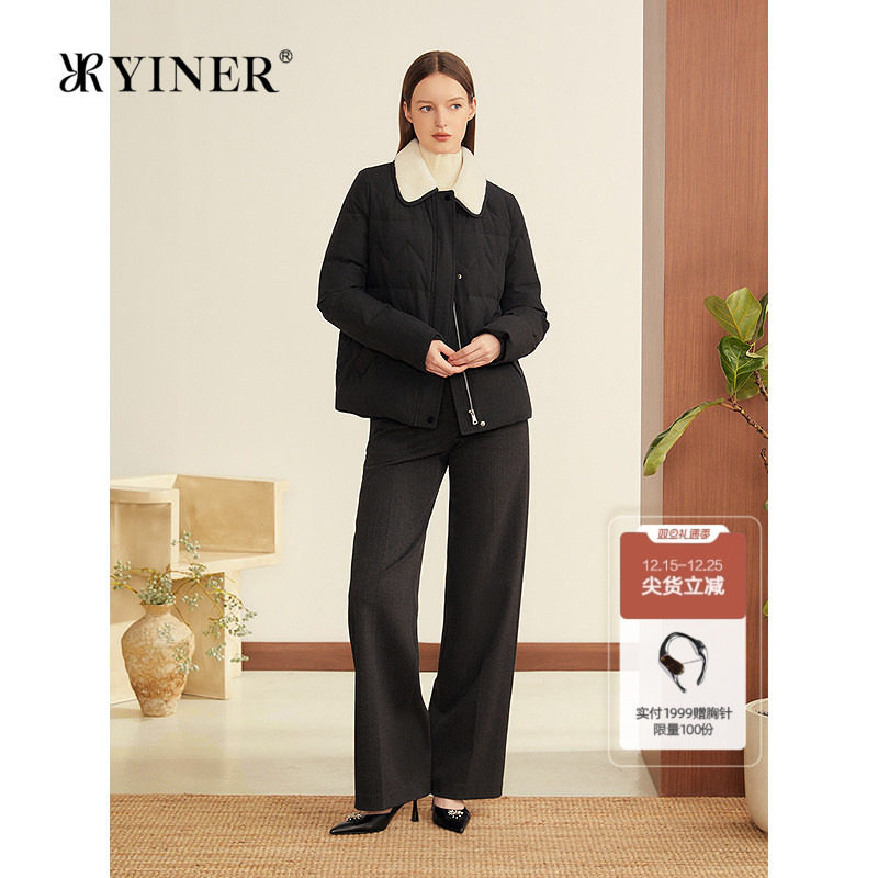 YINER音儿2025冬季新款巴恩风撞色翻领拼接毛领短款鹅绒羽绒