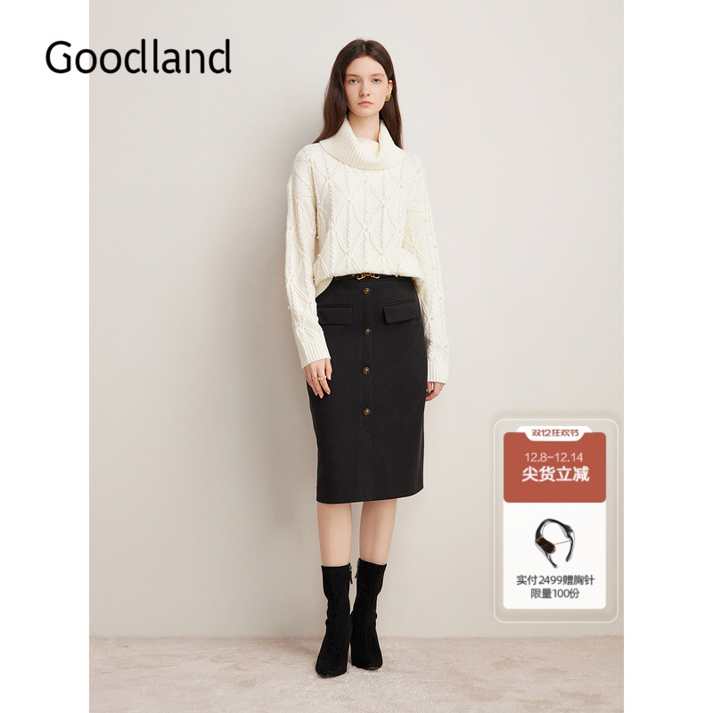 Goodland美地女装冬季通勤金属装饰单排扣高腰毛呢A字半身裙
