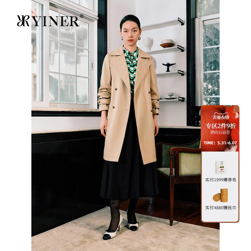 YINER音儿秋季斜纹棉布拉格长款外套拿破仑领双排扣风衣