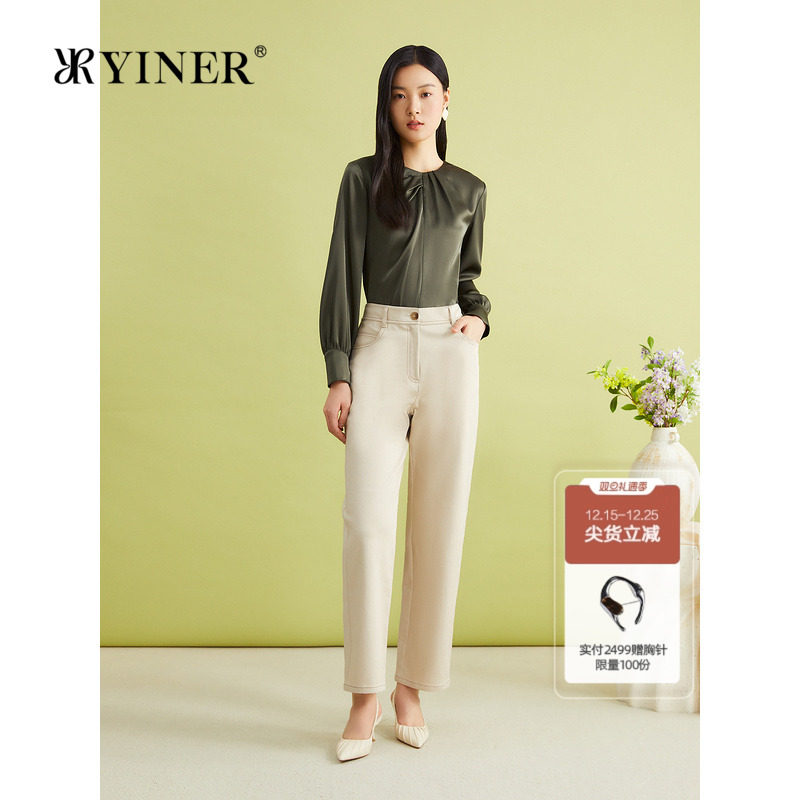 YINER音儿春季法式优雅斜纹简约垂感米白直筒牛仔长裤