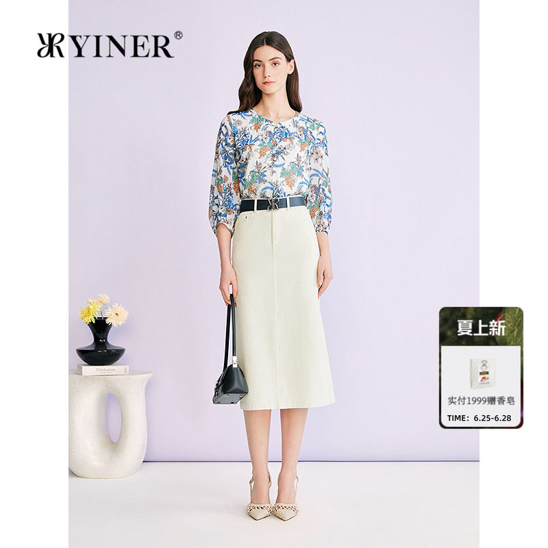 YINER音儿专选2026夏季新款优雅度假风艺术印花桑蚕丝混纺上