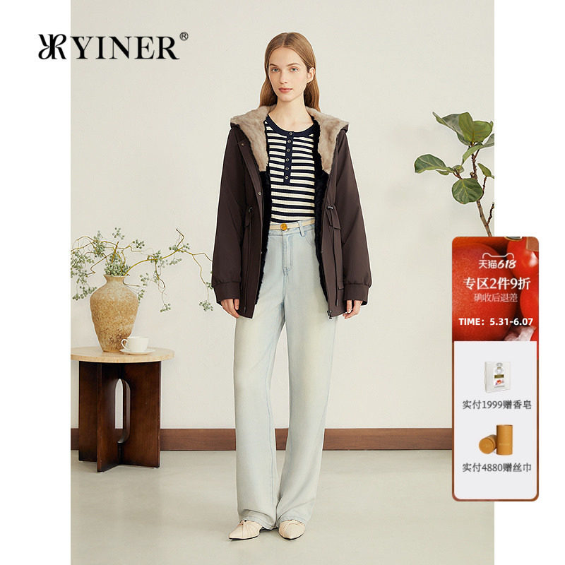 YINER音儿专选女装冬季时尚一手长保暖水貂毛帽里连帽派克服皮草