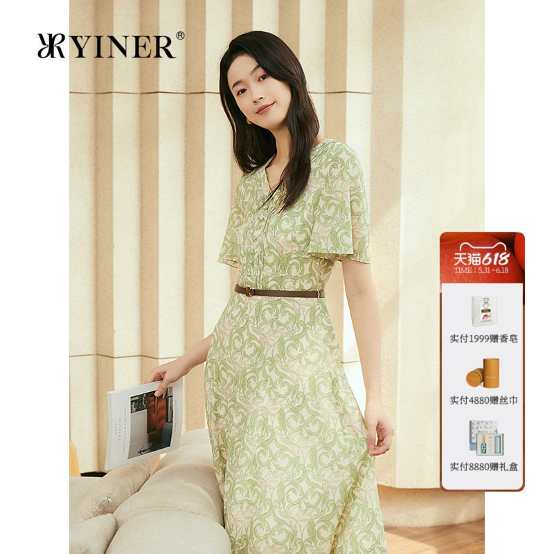 YINER音儿女装夏季优雅V领高腰印花弹力桑蚕丝混纺连衣裙