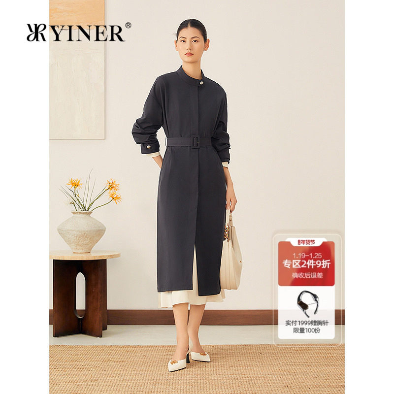 YINER音儿2025秋季新款法式巴恩风工装感小立领长款系带风衣外套,女装/女士精品,风衣,淘宝优惠券,粉丝福利购,淘宝优惠卷