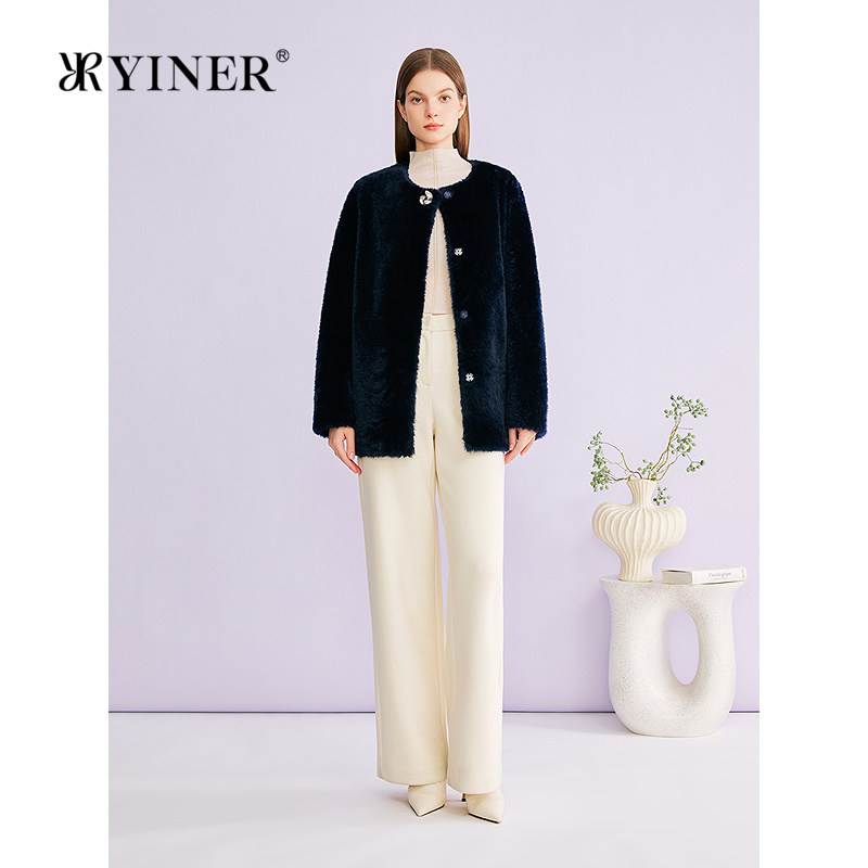 YINER音儿专选2026春季新款一手长圆领羊皮毛一体皮草外套