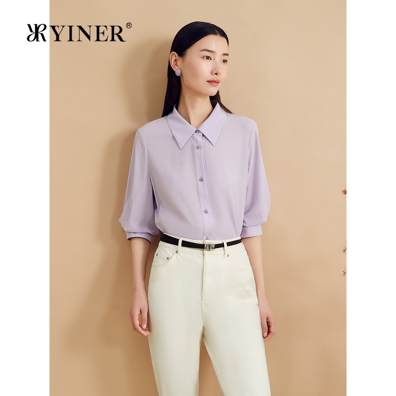YINER音儿女装秋季26mm弹力丝竹桑蚕丝法式优雅衬衫收褶轻上