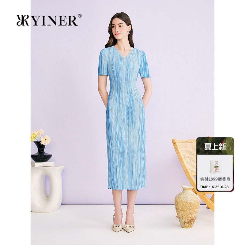 YINER音儿专选2026夏季新款优雅V领艺术渐变褶艺肌理收腰连