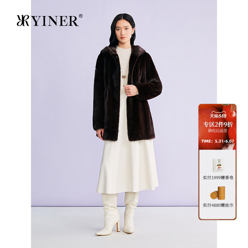 YINER音儿专选2026春季新款法式奢感一手长连帽水貂毛皮草外套