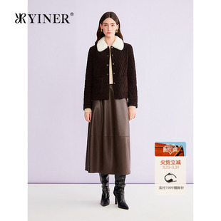 YINER音儿专选2026春季 水貂毛皮翻领绵羊毛骆驼绒混纺皮棉服 新款