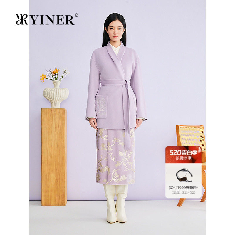 YINER音儿2026春季新款新中式刺绣一手长羊毛羊绒混纺双面呢