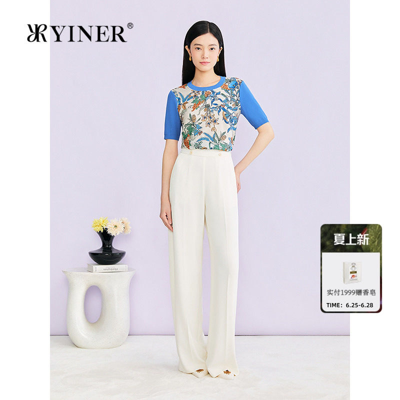 YINER音儿专选2026夏季新款时尚优雅圆领艺术印花撞色H型针