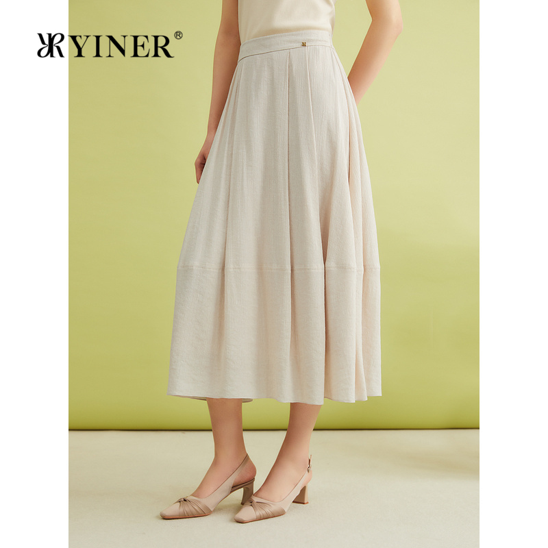YINER音儿女装夏季法式复古A字裙舒褶优雅透气过膝半身裙