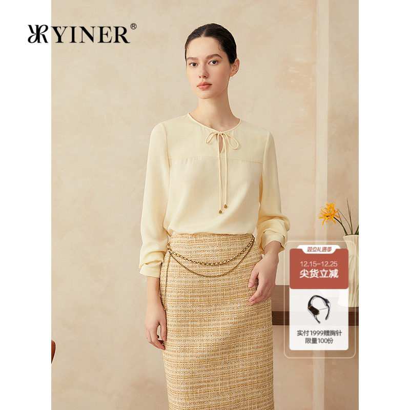 YINER音儿2025春季新款法式系带圆领弹力重绉桑蚕丝真丝衬衫