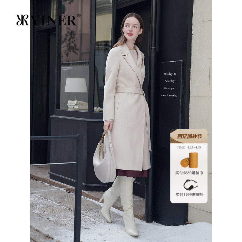 YINER音儿专选女装秋季气质中长款骆驼绒羊毛羊绒混纺双面呢大衣