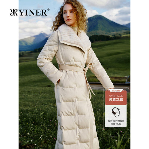 YINER音儿女装冬季长款骆驼绒蚕丝混纺面料水貂毛翻领鹅绒羽绒服