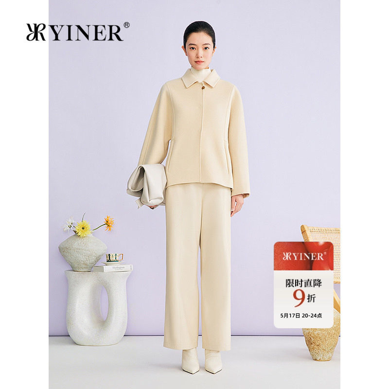 YINER音儿2026春季新款优雅短款翻领羊毛羊绒混纺双面呢外套