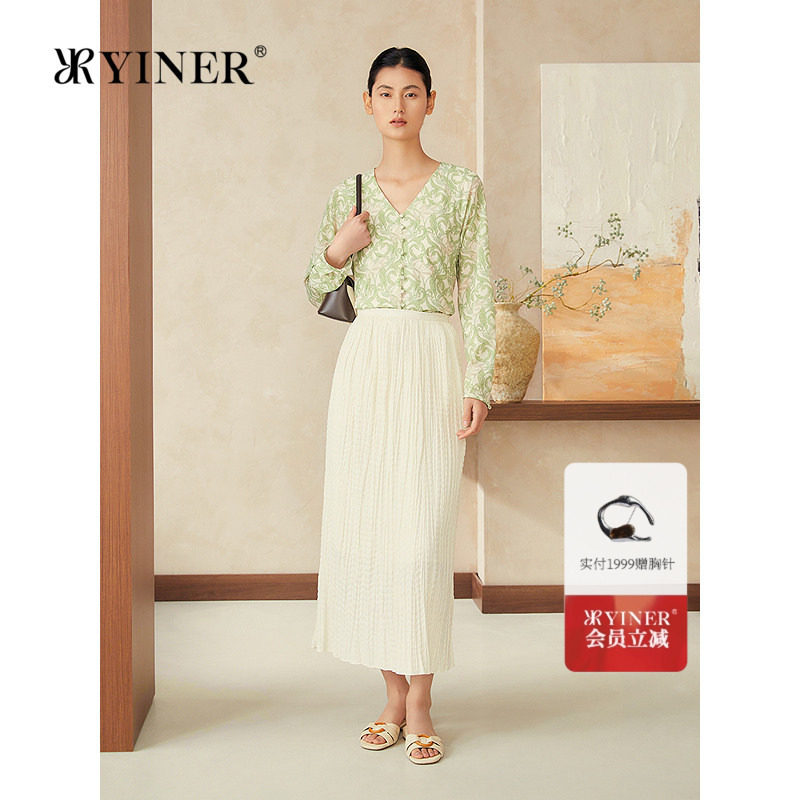YINER音儿女装夏季优雅时尚艺术印花V领弹力桑蚕丝衬衫上衣