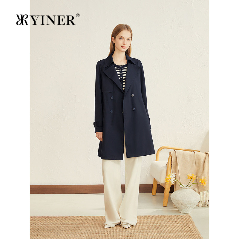 YINER音儿专选女装秋季醋酸混纺一手长翻领双排扣中长款风衣外套