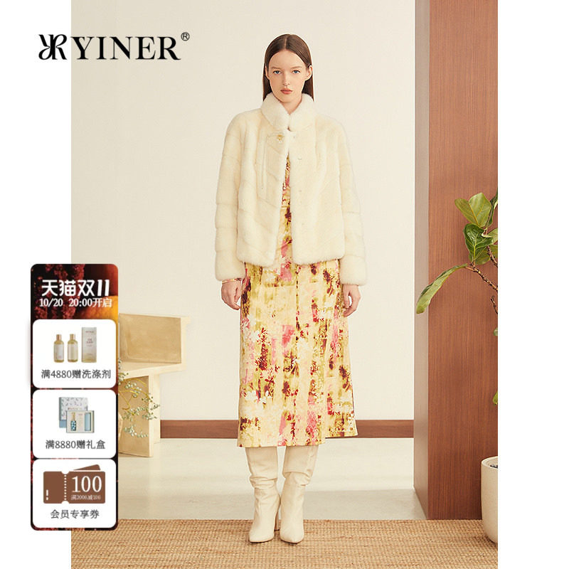 YINER音儿女装冬季优雅国风盘扣小立领短款水貂毛皮草