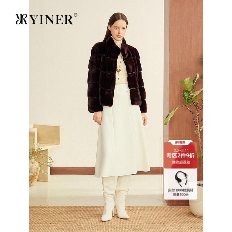YINER音儿2025冬季新款法式酒红色进口水貂重工钉珠H型短款