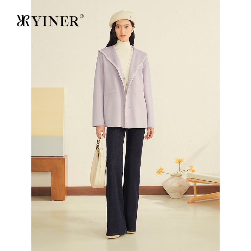 YINER音儿2025冬季新款一手长连帽羊毛羊绒混纺双面呢大衣外套