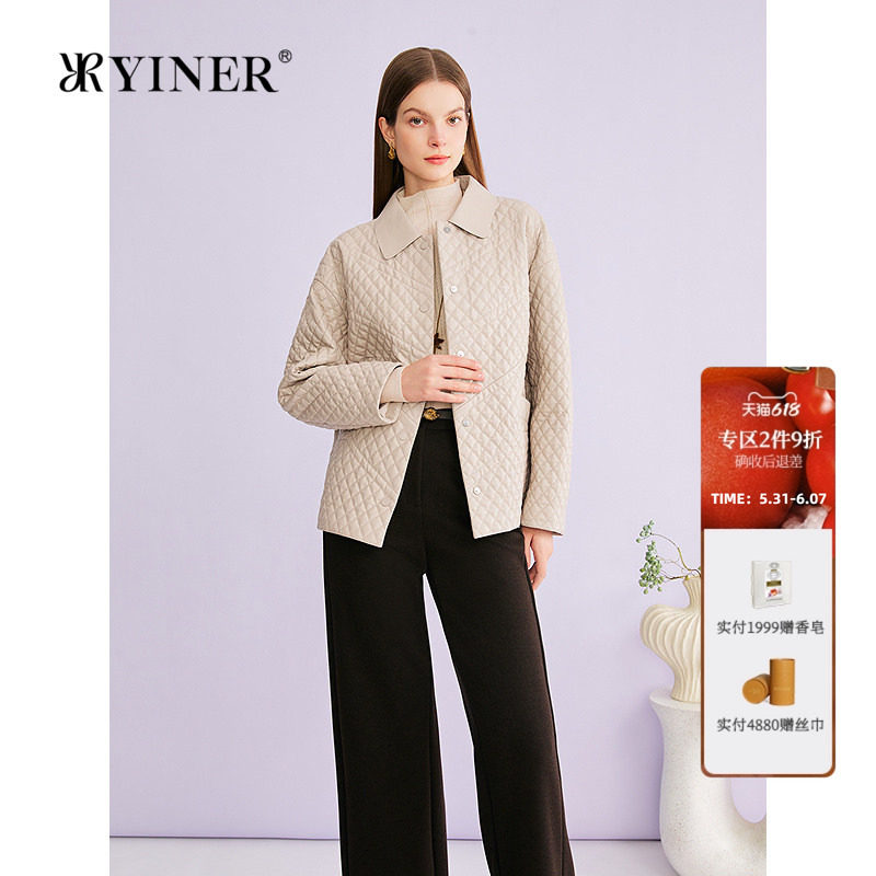 YINER音儿专选2026春季新款时尚翻领落肩袖菱格纹羊皮真皮棉服