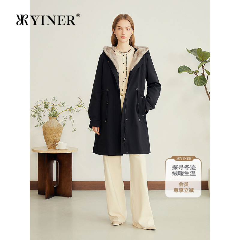YINER音儿专选女装冬季中长款抽绳收腰水貂毛连帽派克服皮草