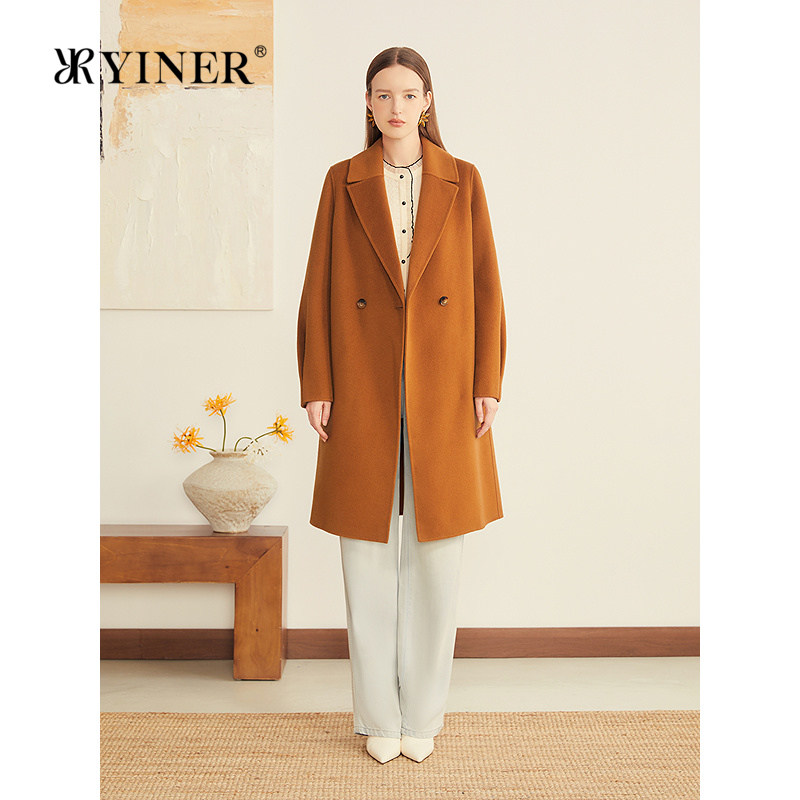 YINER音儿专选女装秋季80支澳洲美丽诺纯羊毛双面呢大衣外套