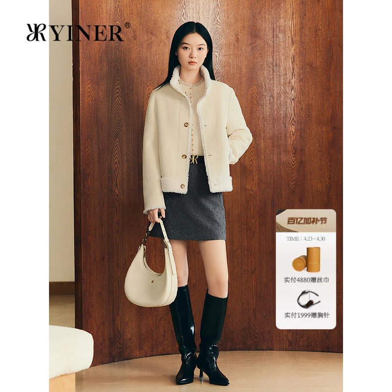 YINER音儿专选女装冬季澳洲全羊毛仿拉菲皮毛一体两面穿外套
