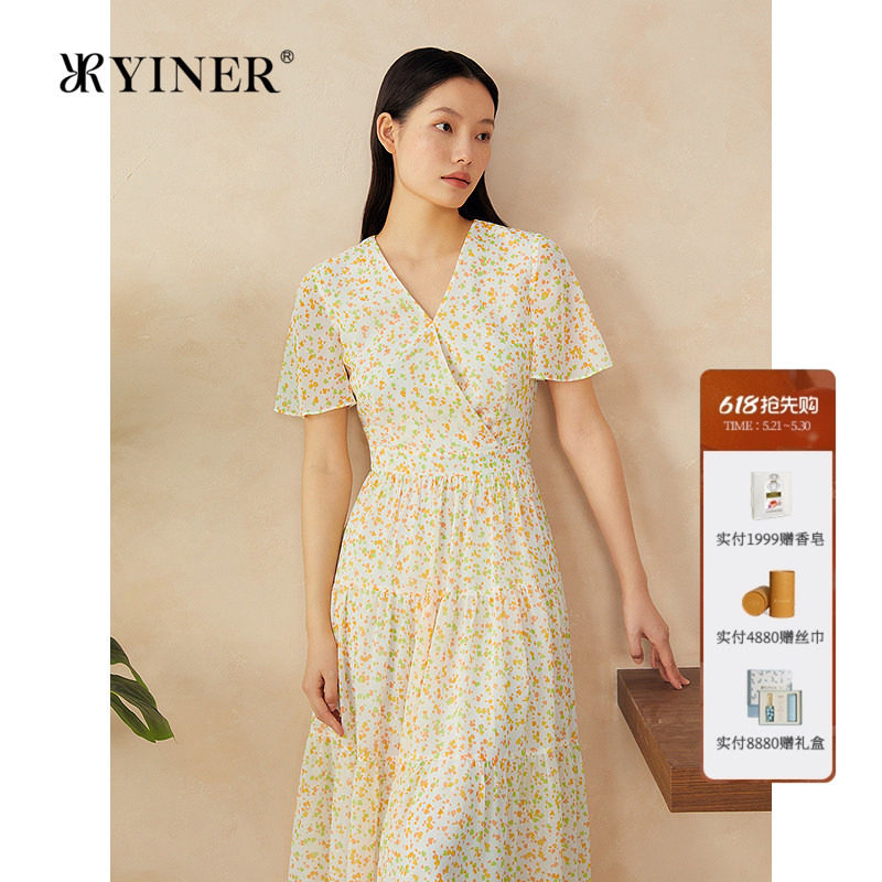 YINER音儿专选女装夏季法式印花波西米亚风茶歇蛋糕裙连衣裙