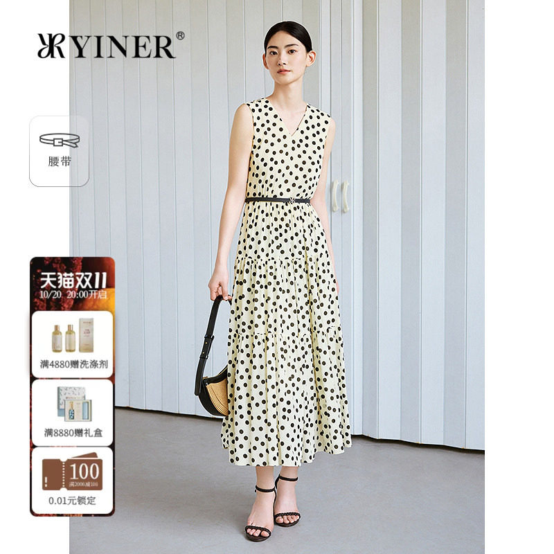 YINER音儿女装夏季优雅无袖V领高腰桑蚕丝混纺波点连衣裙