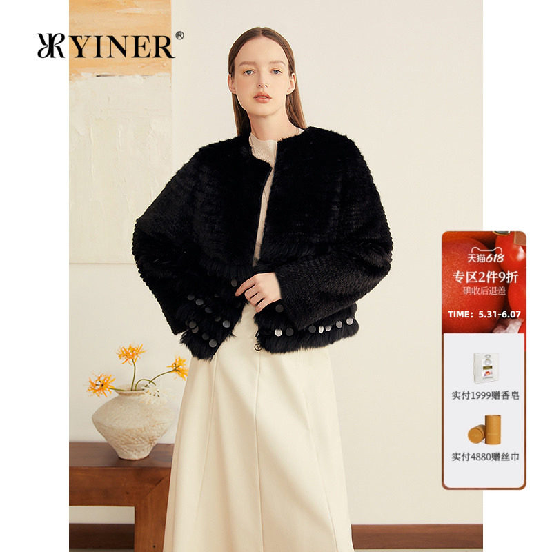 YINER音儿专选女装秋季优雅水貂毛拼接狐狸毛流苏短皮草外套