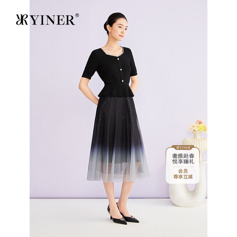 YINER音儿专选2026夏季新款优雅渐变印花烫钻针织拼接网纱连衣裙