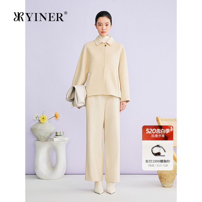YINER音儿2026春季新款优雅短款翻领羊毛羊绒混纺双面呢外套