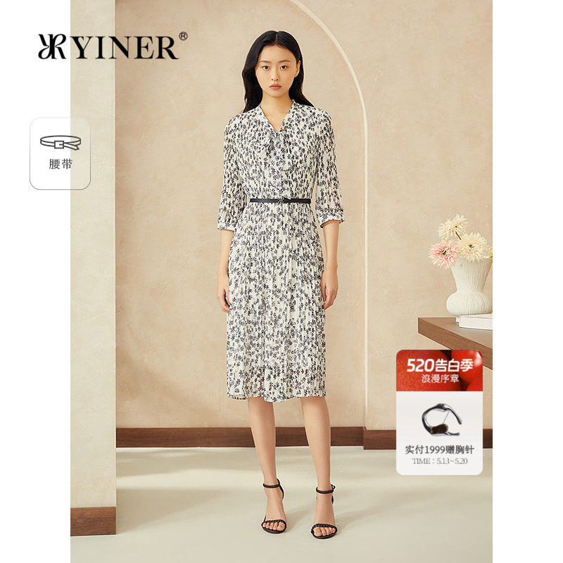 YINER音儿专选女装夏季周末花园系列碎花蝴蝶结领皱褶连衣裙
