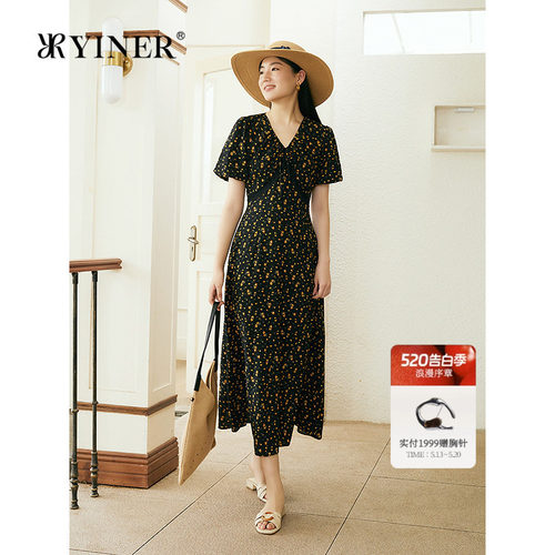 YINER音儿专选女装夏季法式V领千代兰印花灯笼袖A摆连衣裙