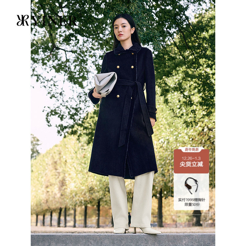 YINER音儿专选2025冬季新款水貂毛条装饰羊毛羊绒混纺双面呢