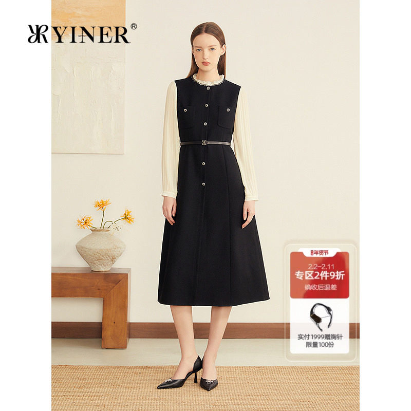 YINER音儿专选2025冬季新款羊毛混纺拼接雪纺袖钉珠撞色连衣