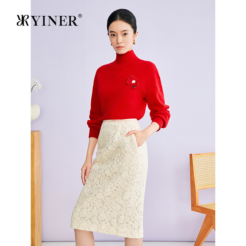 YINER音儿2026春季新款优雅可拆卸胸针羊毛羊绒混纺半高领针织衫,女装/女士精品,毛针织衫,淘宝优惠券,粉丝福利购,淘宝优惠卷