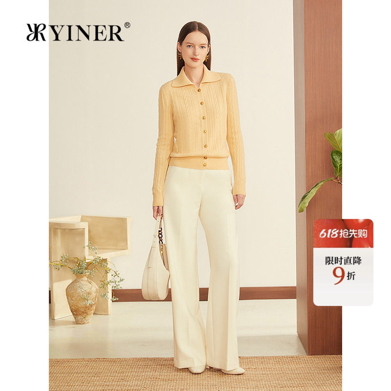 YINER音儿女装冬季鹅黄色翻领阿拉善羊绒羊毛混纺针织衫套头