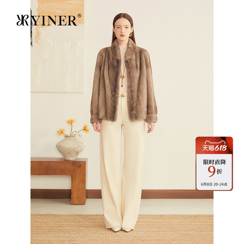YINER音儿专选女装秋季法式进口母貂整貂立领短款皮草外套
