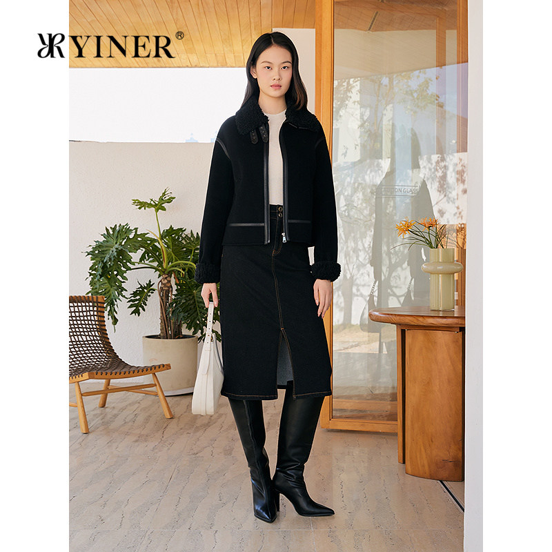 YINER音儿专选女装冬季时尚短款皮革拼接翻领羊毛双面呢外套