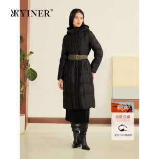 YINER音儿2025冬季 高密防绒缎面水貂毛领连帽白鹅绒羽绒服 新款
