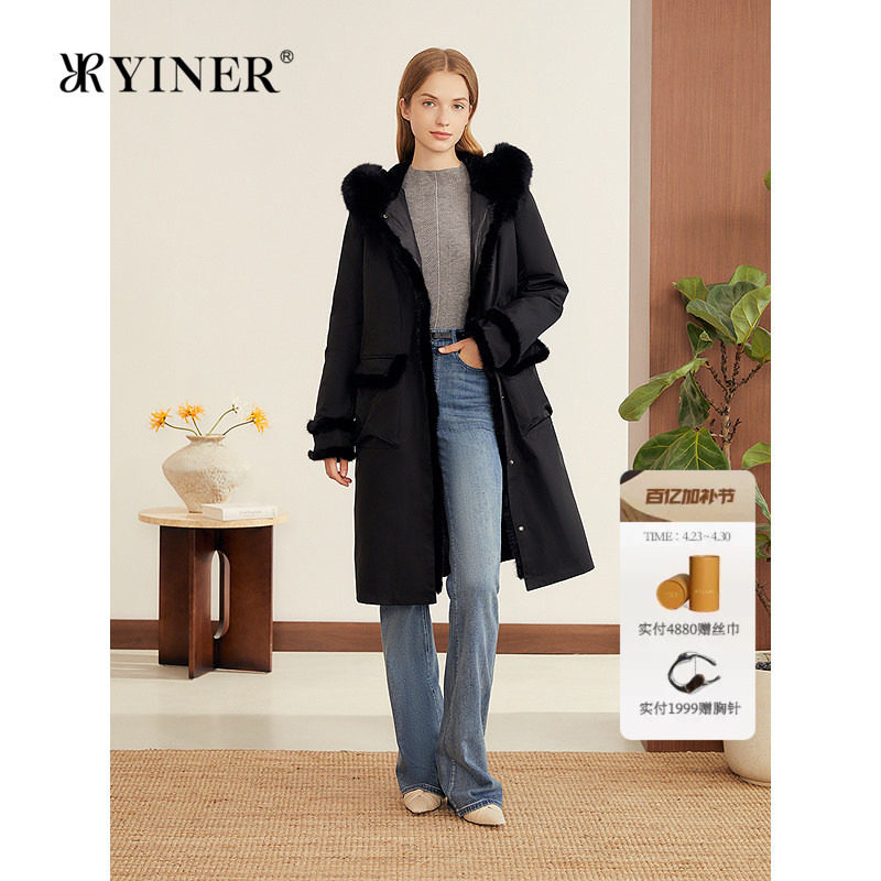 YINER音儿专选女装冬季可拆卸内胆水貂毛镶边狐狸毛领羽绒服